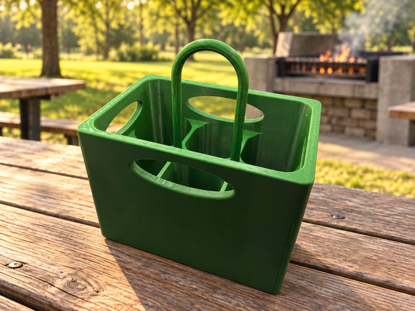 Grüne 3D-gedruckte Bierkiste auf einem Holztisch an einem modernen Grillplatz im Park